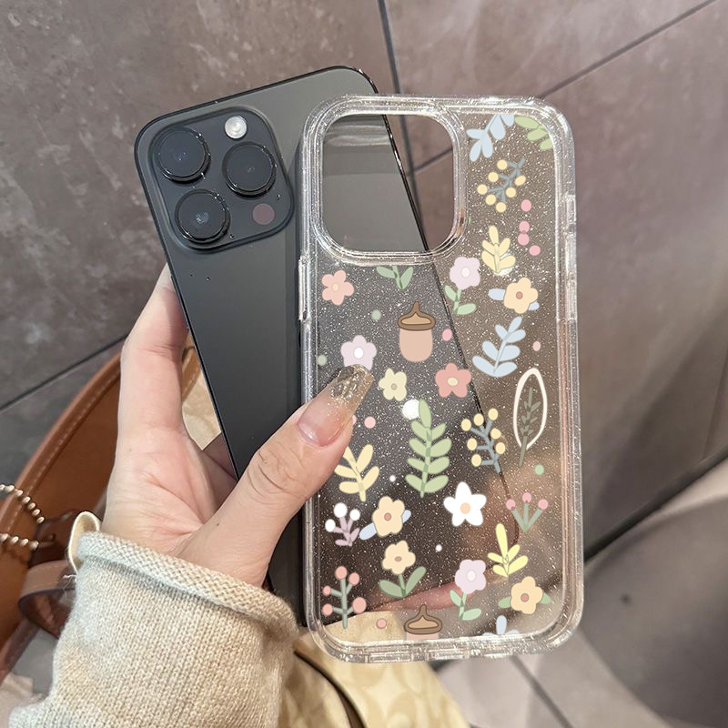 ผงเพชรแผ่นโปร่งใส เทรนด์แฟชั่น for iPhone11 12 13 14plus 15promax XR 12 13pro 14 7/8P XS 14 15Pro ดอกไม้และพืช