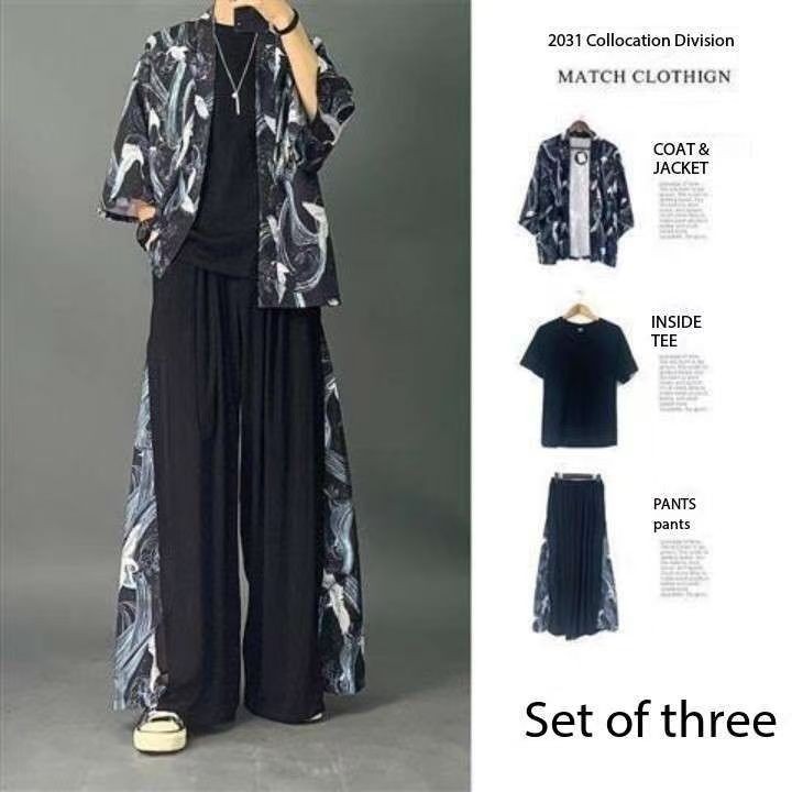 BBOYMMYOBB ชุดสูทผู้ชายสไตล์จีนฤดูร้อนหลวม (เสื้อแจ็คเก็ตแขนยาว+เสื้อยืด+กางเกง) ชุดสามชิ้น