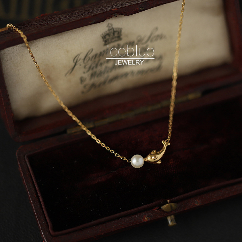Iceblue-Dolphin ธรรมชาติไข่มุกน้ําจืดจี้สร้อยคอ 18K Gold Plated 316L สแตนเลสไทเทเนียมเหล็กกันน้ํา Non Tarnish Pearl สร้อยคอผู้หญิง N52