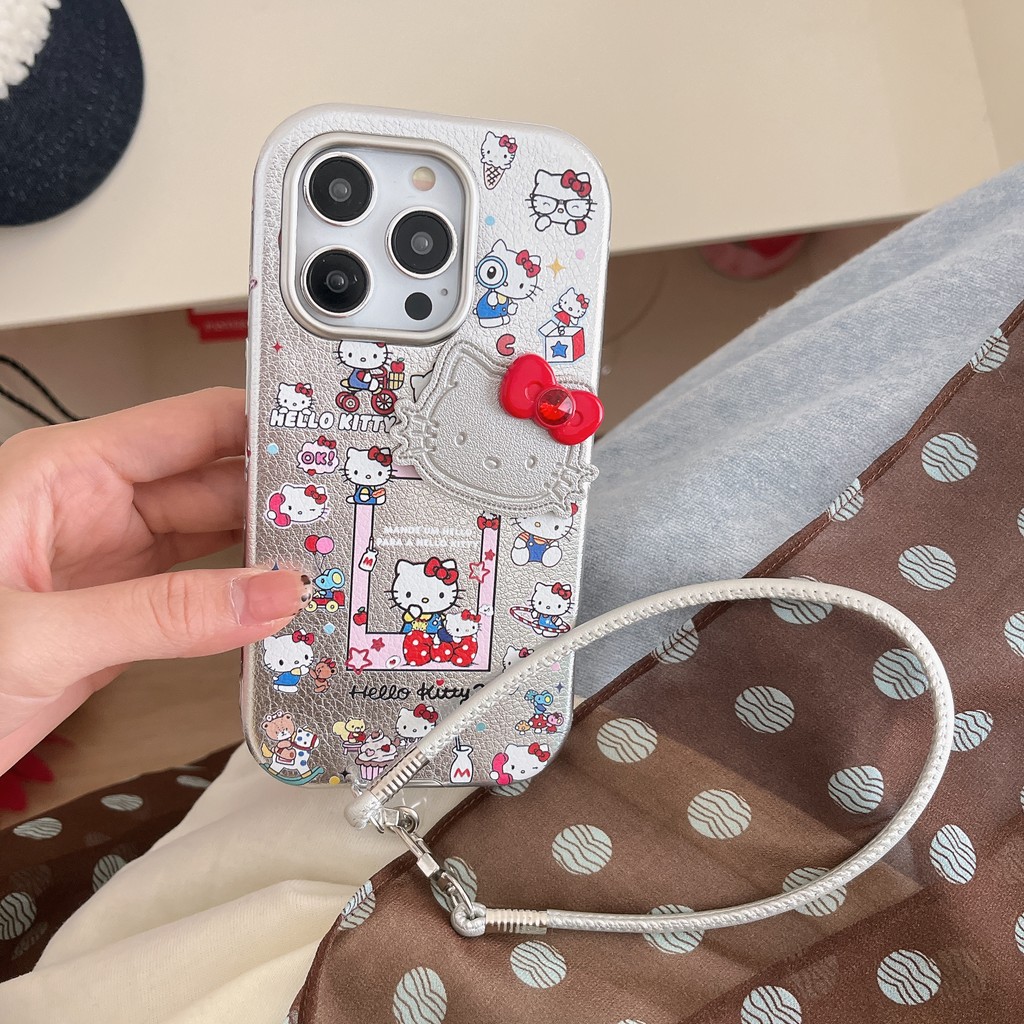 แฟชั่นการ์ตูน silver photo bow hello Kitty พร้อมโซ่เคสคุณภาพสูงสําหรับ 16 15 Pro Max iPhone case 14pro 15promax 13 14pro Drop Resistance เคสคุณภาพสูง