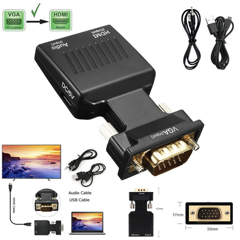 VGA to HDMI Video Converter Adapter with Mini USB Power Cable 3.5mm Audio Cable vga2hdmi for HDTV DVD PC