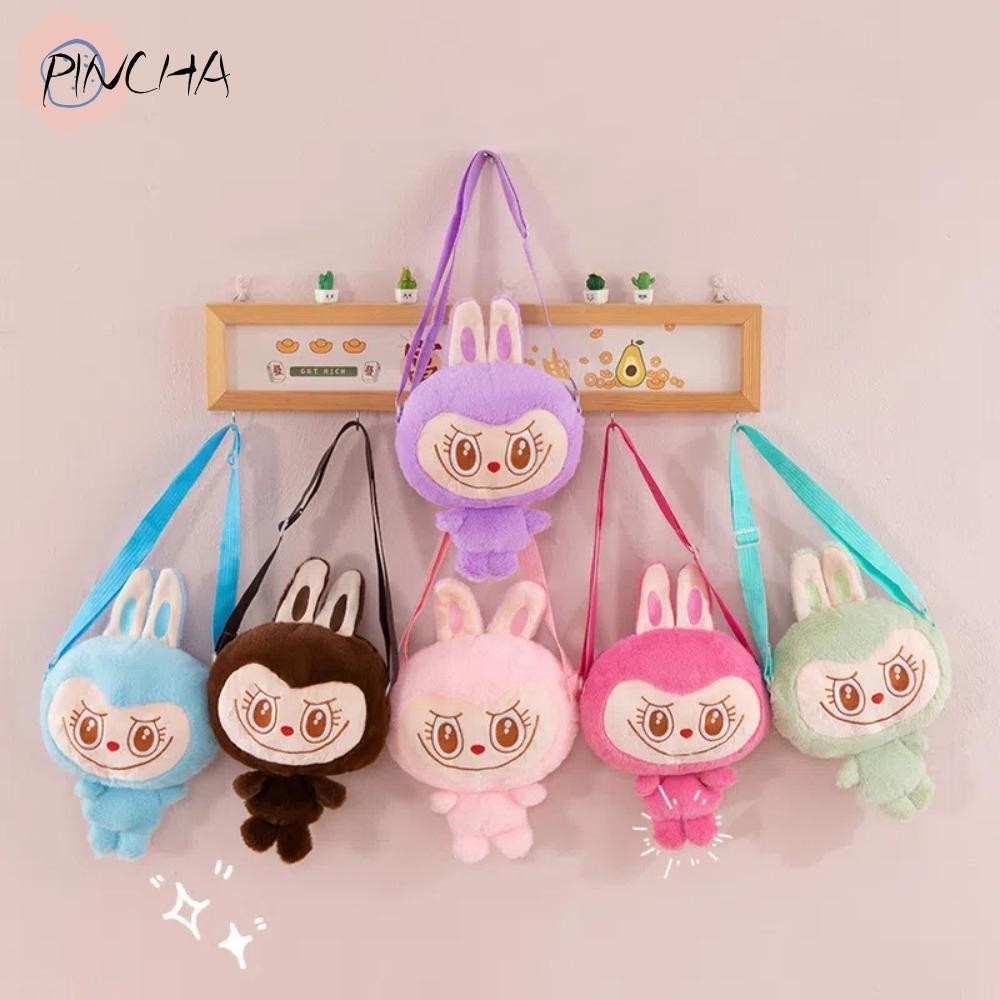 Pincha Labubu กระเป๋าสะพายข้าง,กระเป๋าสะพาย POP MART ความจุขนาดใหญ่,กระเป๋าของเล่นตุ๊กตาการ์ตูนสีม่วงตุ๊กตา