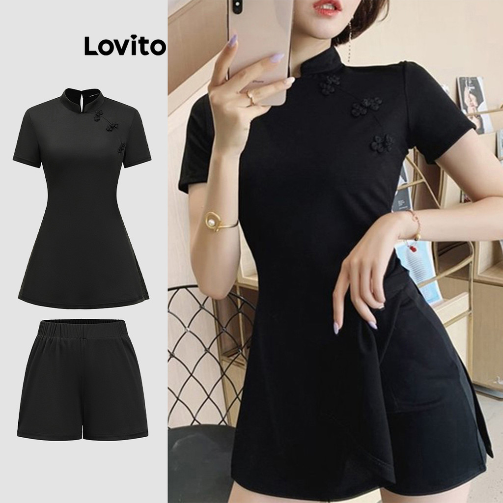 Lovito ชุดกางเกงขาสั้นผ่าหน้าแบบเรียบง่ายสำหรับผู้หญิง L109MD633