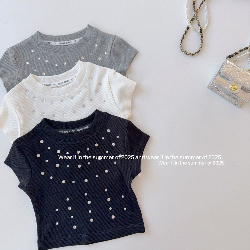 ฤดูร้อนเด็กเพชรสดใสเสื้อยืดเด็กสีทึบคอกลมแขนสั้นสาวแฟชั่นสั้นด้านบนสาวเกาหลีเสื้อผ้า