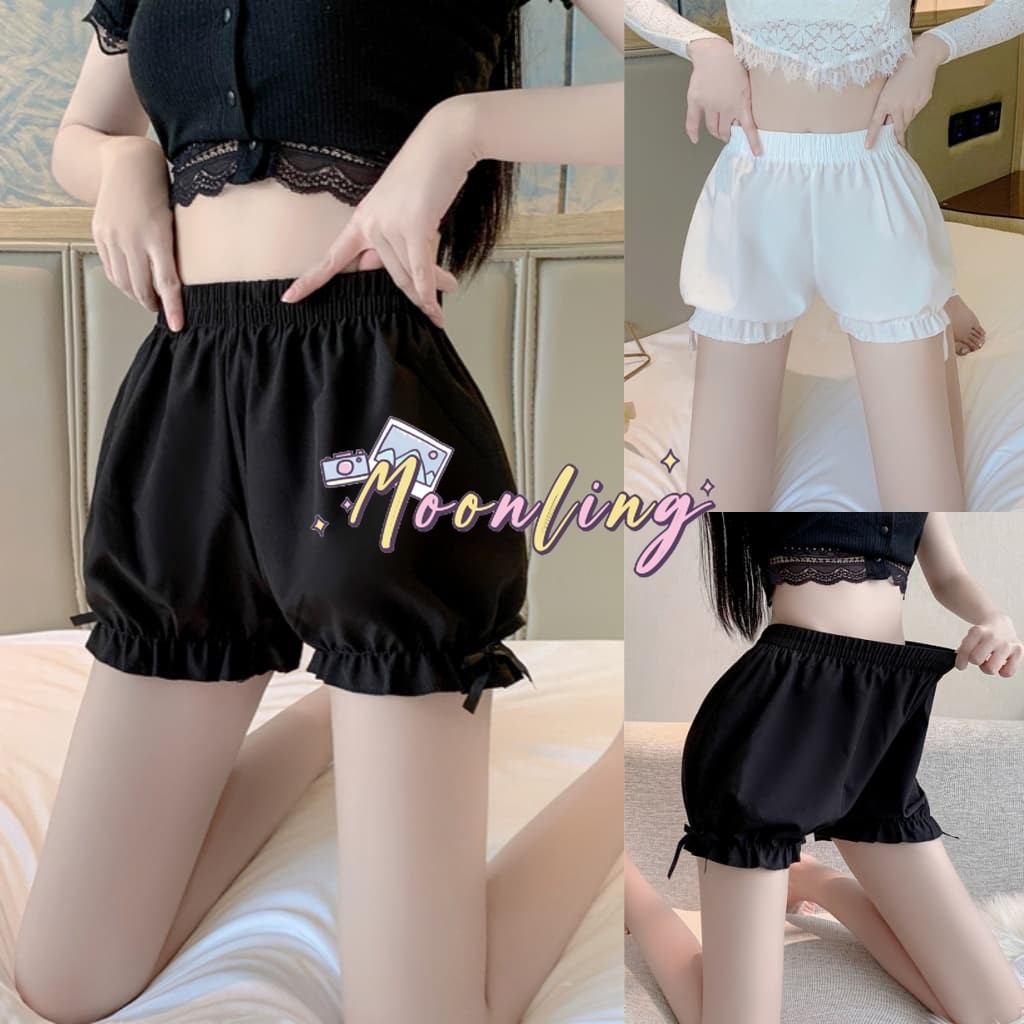 Moonling พร้อมส่งจากไทย กางเกงขาสั้น เอวสม๊อคสีพื้น ทรงพองเกาหลี ผ้านุ่มผ้าหนาไม่บางน่ารัก *KK360*