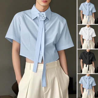 เสื้อเชิ้ตลำลองผูกเน็คไทยลวดลายดอกไม้สำหรับผู้ชาย