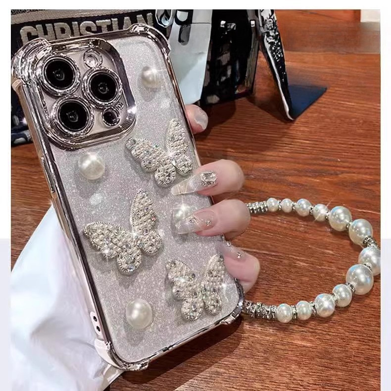 เข้ากันได้สำหรับ Xiaomi Redmi Note 15 14 13 Pro+ 12S 11S 10S 9S 3D ผีเสื้อมุกเคสโทรศัพท์หรูหราสํ สวมใส่สร้อยข้อมือมุก