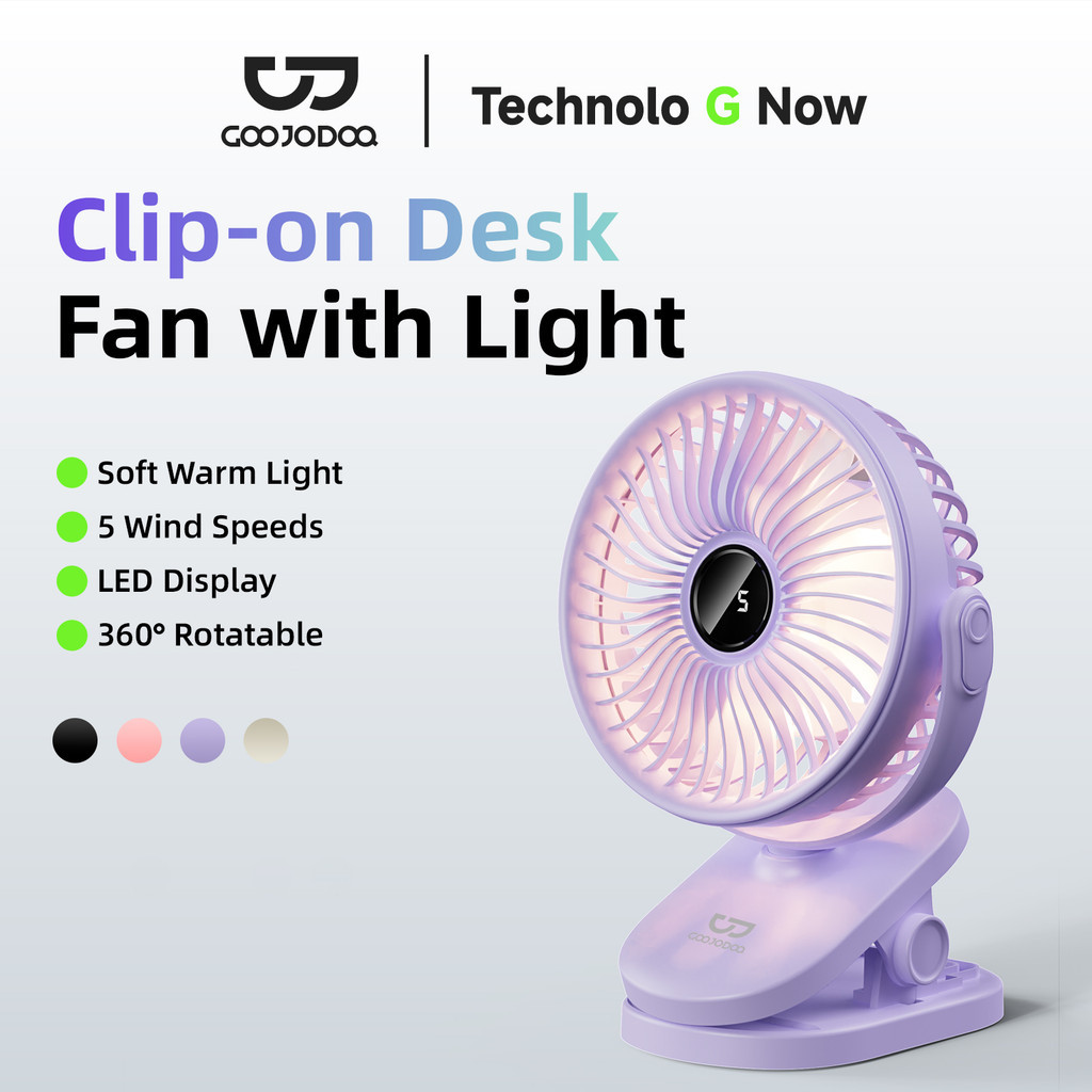 GOOJODOQ Clip Fan with Light Five Adjustable Wind Speeds Timed Shutdown Function Low-noise Design Long-lasting Battery