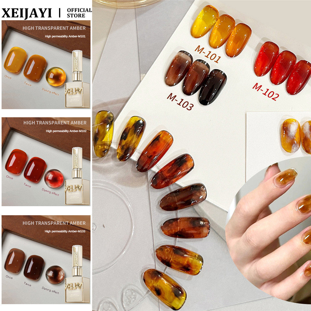 XEIJAYI Amber Tortoise Shell Series เล็บเจลกึ่งโปร่งใสชาคาราเมลสีน้ําตาล Phototherapy กาวเล็บแต่งเล็