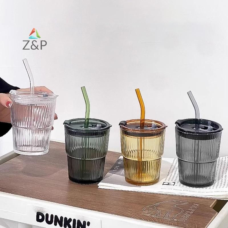Z&P 450ml ลายถ้วยแก้วแว่นตาโปร่งใสพร้อมฝาปิดและฟางแก้วกาแฟน้ําแข็งถ้วยชาน้ําผลไม้แก้วนมถ้วยน้ํา Drin