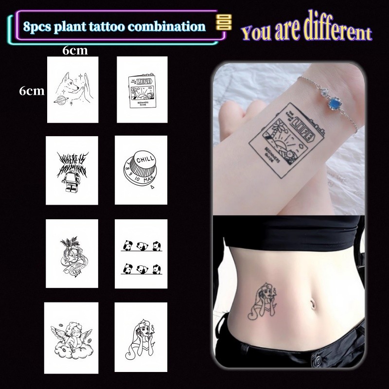 8ชิ้นสีดํากามเทพแบบสักน่ารักสาวข้อมือพืชสักสติกเกอร์รอยสักกันน้ํายาวนาน15วันสติกเกอร์ผิวชั่วคราวสักปลอม