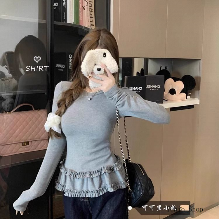 เสื้อยืดลูกไม้แปรงบางสไตล์บัลเล่ต์หวานฤดูใบไม้ผลิของผู้หญิง