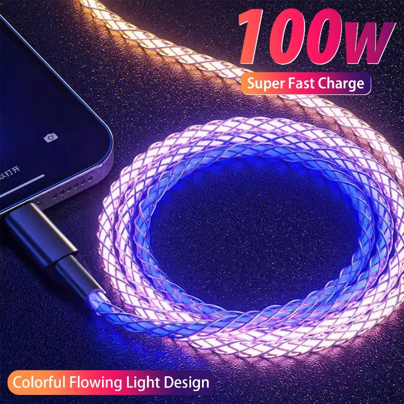 สายชาร์จข้อมูลเร็วเรืองแสงสีสันสดใส 100W - สายเคเบิลข้อมูลไฟไล่ระดับ RGB - สายชาร์จ Type-C ถึง Type-C - สายไฟ USB A ถึง Type-C 66W