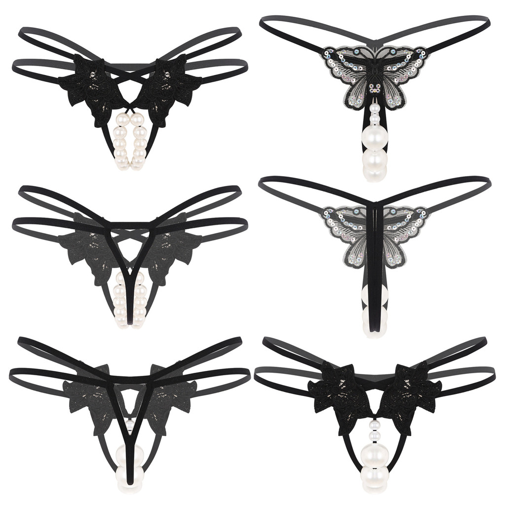 Nikiikoo สตรี Faux Pearls G-String Thongs สปาเก็ตตี้เข็มขัดเปิดเป้า T-back ชุดชั้นใน Comforting Teasing กางเกง