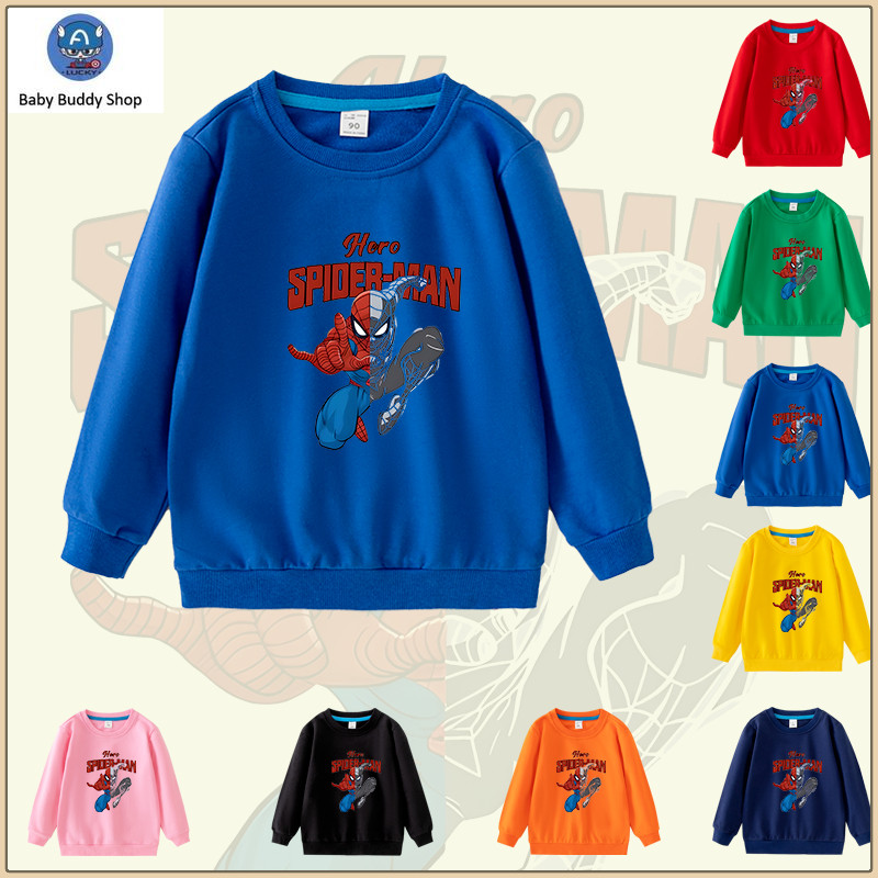 Spiderman เสื้อการ์ตูนสําหรับเด็กแขนยาว 100% เสื้อกันหนาวผ้าฝ้ายสําหรับเด็กผู้ชาย TH2NW076