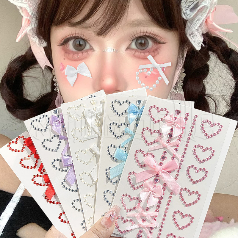 [ดี] 3d Rhinestones Ribbon Bow Face Sticker - DIY Body Art Decals - Glitter Diamond Tattoo Patch - Self-Adhesive สติกเกอร์อะคริลิค - รอยสักชั่วคราว - สําหรับปีใหม่แต่งหน้า Party
