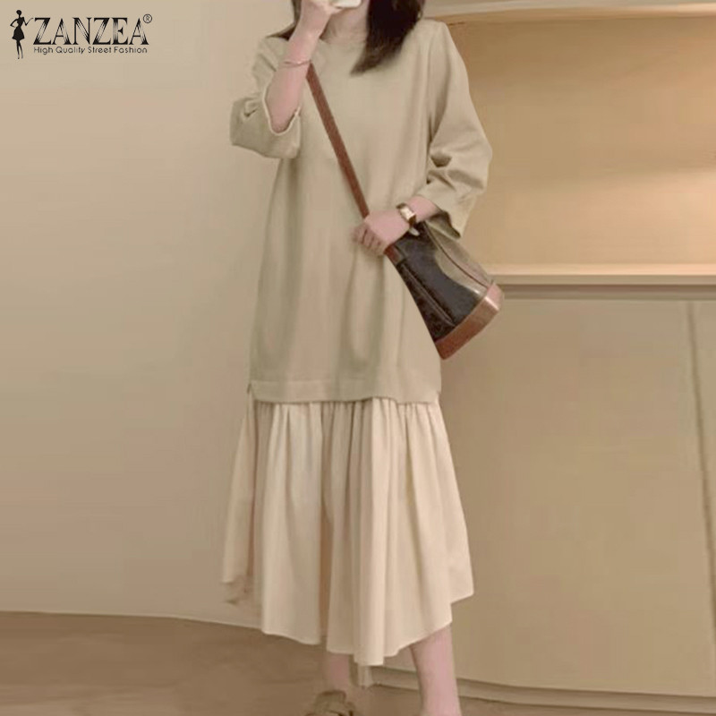 Zanzea ชุดเดรสสเวตเตอร์คอกลมแขนยาวลําลองเกาหลีสําหรับผู้หญิง