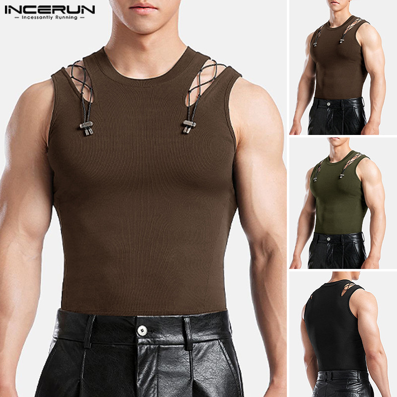 Incerun ผู้ชายเกาหลีแฟชั่น Scooped Patchwork ออกแบบเสื้อแขนกุด