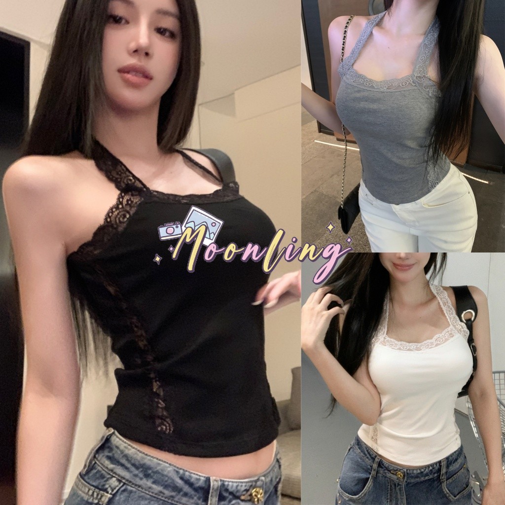 🌜Moonling🌛พร้อมส่งจากไทย เซ็กซี่ เสื้อสายเดี่ยว มีฟองน้ำ ลายลูกไม้ ทรงพอดีสีพื้น สไตล์เกาหลี *FYL5309*