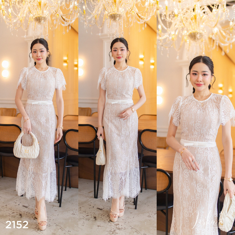 เดรสลูกไม้ขาว ซับในครีม ใส่ออกงาน งานบุญ งานบวช #code2152