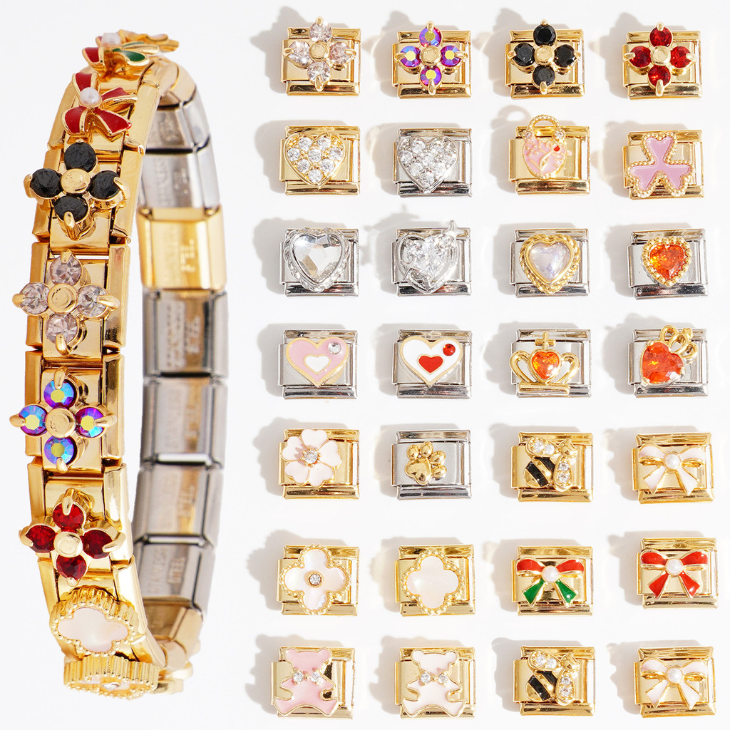 สร้อยข้อมืออิตาเลียนยืด สแตนเลสสตีล สี Four-Level Clover พร้อมเพชร DIY สำหรับทั้งผู้ชายและผู้หญิง