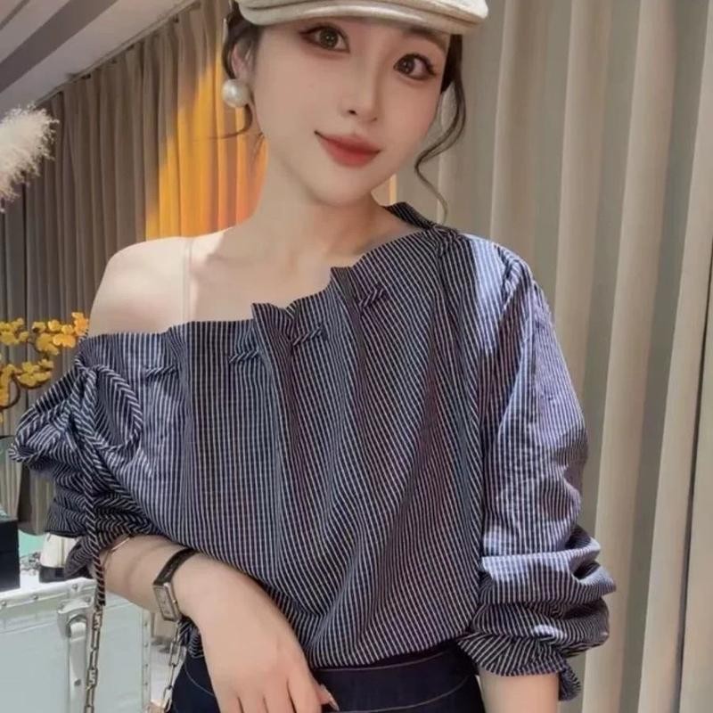 Mimi&didi#เสื้อเชิ้ตผู้หญิง แฟชั่น คอปกยางยืด มีเชือกผูก แฟชั่น เสื้อสวย ระบายอากาศ ใส่สบาย#W621