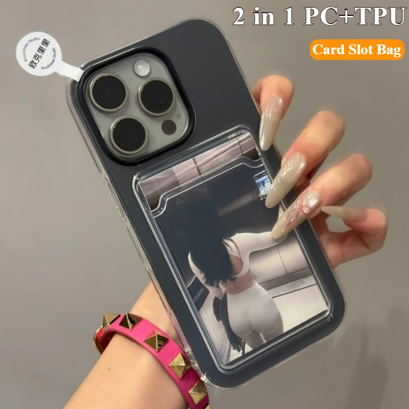 PC + TPU2 in 1 Card Holder Slot กระเป๋าสตางค์ Photo Pocket Clear Candy สีสําหรับ iPhone 16 Pro Max 1