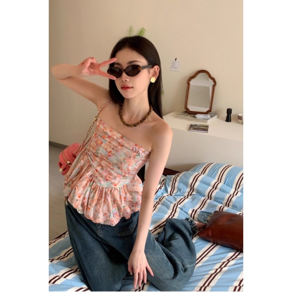 Arona Pure desire Spice Girl หนึ่งคําไหล่ด้านบนดอกไม้เสื้อกั๊กขนาดเล็กผู้หญิงที่ไม่มีสายหนังเอวห่อหน