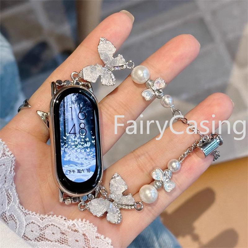 Pearl Diamond Butterfly สําหรับ Xiaomi Mi 10 9 8 7 6 5 Pro Metal Link Watchband สําหรับ Mi Band 8 9 Active สร้อยข้อมือเครื่องประดับอุปกรณ์เสริม