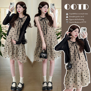 ชุดคลุมท้อง 2025 ชุดเดรสลายจุดคอเชือกแขวนคอฝรั่งเศส + เสื้อแ…