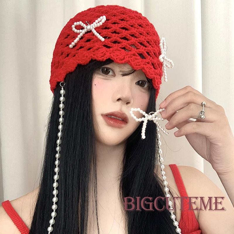 []-หมวกเบเร่ต์สีแดงโบว์มุกสไตล์เกาหลีสําหรับผู้หญิงหมวกถักกลวงวินเทจ เครื่องประดับสําหรับ Chinease ปีใหม่