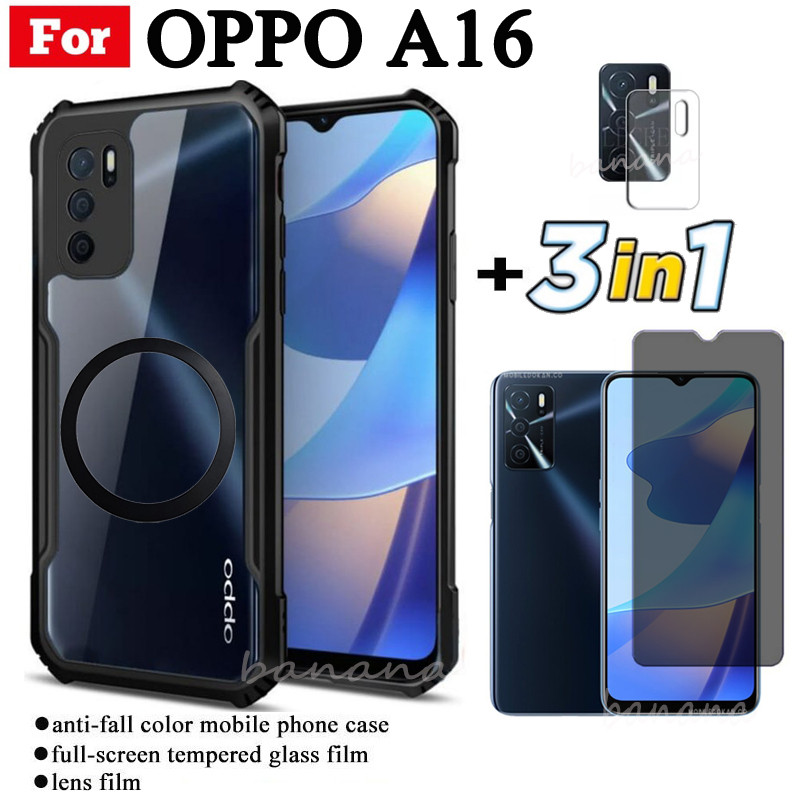 3 in 1 OPPO A16 เคสโทรศัพท์กันกระแทกแม่เหล็กสติกเกอร์ชาร์จไร้สายสําหรับ OPPO A17 A17K A15 A18 A38 A60 A80 ความเป็นส่วนตัวกระจกนิรภัย + เลนส์ฟิล์ม