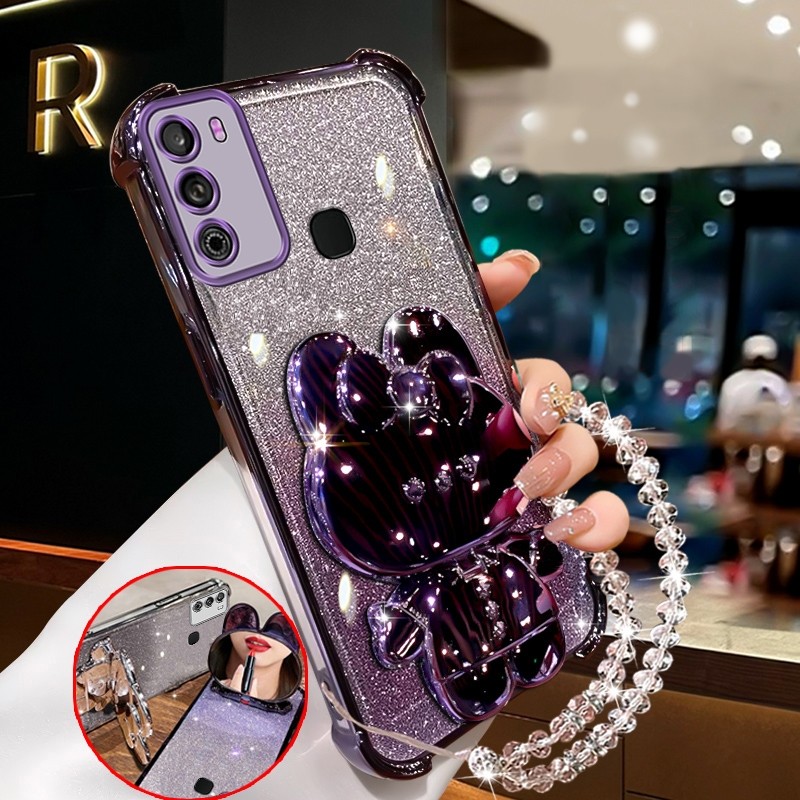 เคสสําหรับ infinix hot 9 play hot 10 play hot 10s ประกายสีชมพูเคสโทรศัพท์กันกระแทกกระต่ายกระจกแต่งหน้าพร้อมที่วางซิลิโคน TPU Soft case XXXDA