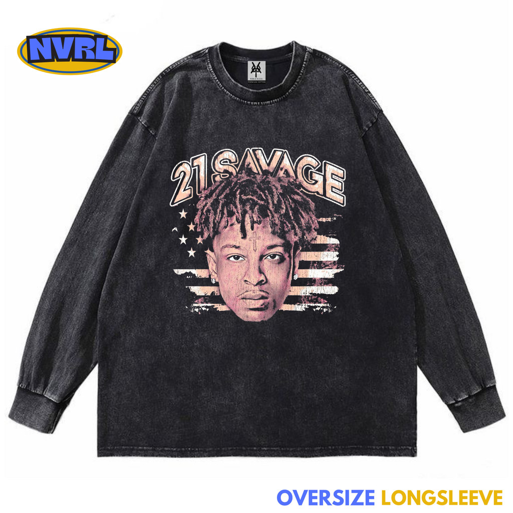 แขนยาวขนาดใหญ่ 21SAVAGE ROCKSTAR เสื้อยืดวินเทจซักล้าง