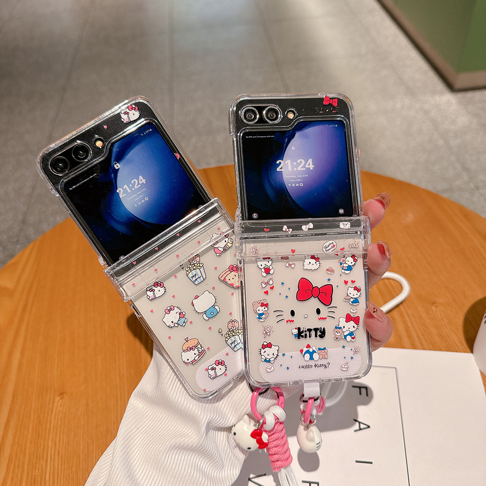 Flip6 Samsung Galaxy Z Flip5 3in1 กรณีน่ารักการ์ตูน q-version hello Kitty พร้อมโซ่ hard Case Samsung