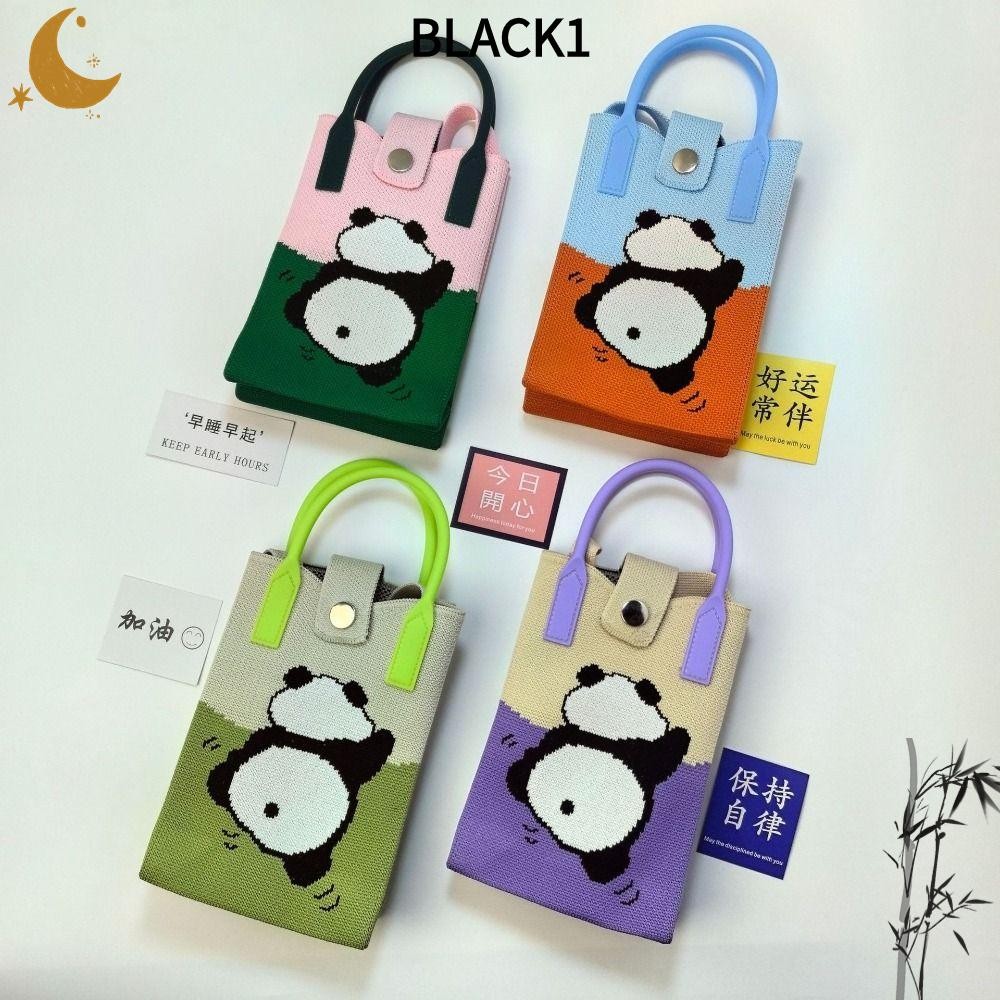 กระเป๋าถือถัก สีดํา1,กระเป๋าข้อมือปมน่ารักขนาดเล็ก,กระเป๋าโทรศัพท์แพนด้าการ์ตูนความจุสูงสําหรับเด็กผู้หญิง