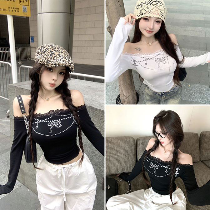 Hotgirl พร้อมส่ง เสื้อยืดแขนยาวผู้หญิง เสื้อยืดเข้ารูปทรงผู้หญิง เรียบง่ายและมีสไตล์ การตกแต่งด้วยลูกไม้