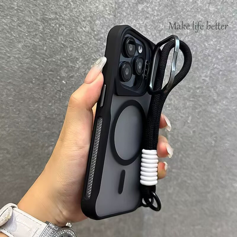 ใหม่แฟชั่นการกระจายความร้อนชายแดนเคสโทรศัพท์ที่มีเชือกแขวนเหมาะสําหรับ ไอโฟน 12 13 14 15 16 มือโปร สูงสุด14 15 16 บวก ดูดซับแรงกระแทกแม่เหล็กเคส