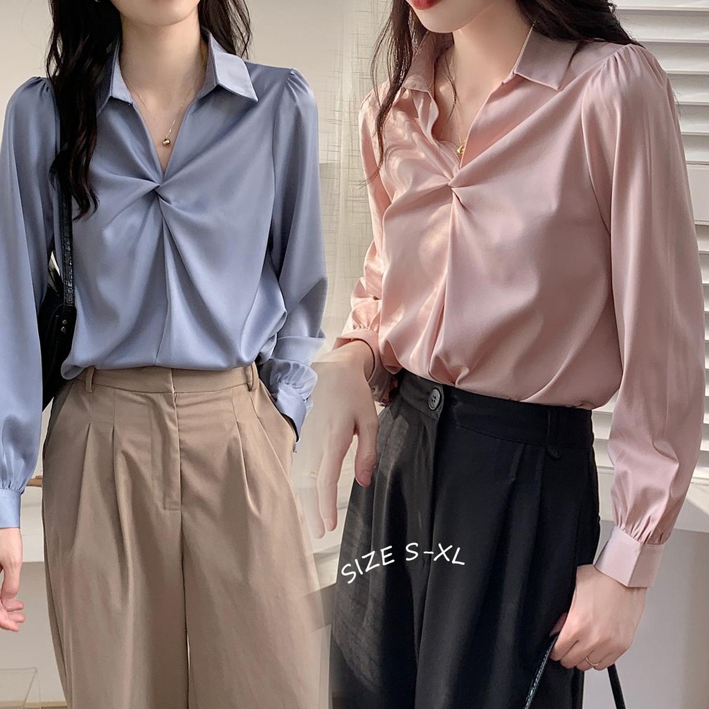 mimi&didi#เสื้อเชิ้ตผ้าซาตินแขนยาวคอวีสไตล์ฝรั่งเศส เสื้อสัมภาษณ์งาน OL มืออาชีพ สไตล์ผู้ใหญ่และหรูหรา#99021