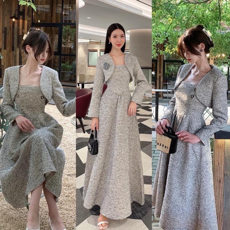 PD (พร้อมส่ง) Charissa4  ชุดเซ็ท 3 ชิ้น เดรสยาว+เสื้อครอป+เข็มกลัดดอกไม้ ชุดไปงานสวยๆ  Clothing ผู้ห