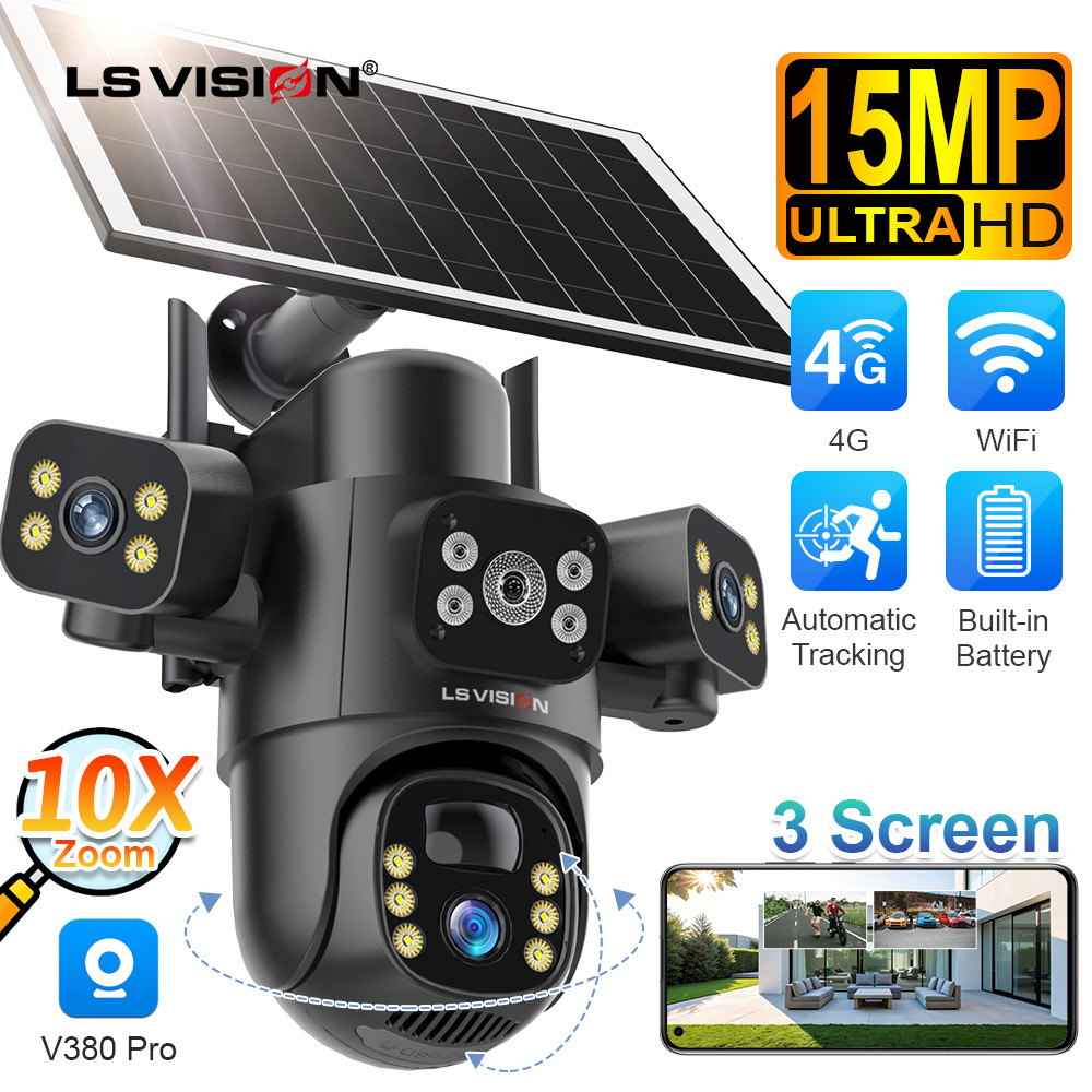 ​LS VISION กล้องวงจรปิดพลังงานแสงอาทิตย์ 15MP V380 Pro 4G/WiFi 3 เลนส์ 10X ซูมดิจิตอลการติดตามอัตโนมัติและที่เก็บข้อมูลคลาวด์​ 8000มะห์