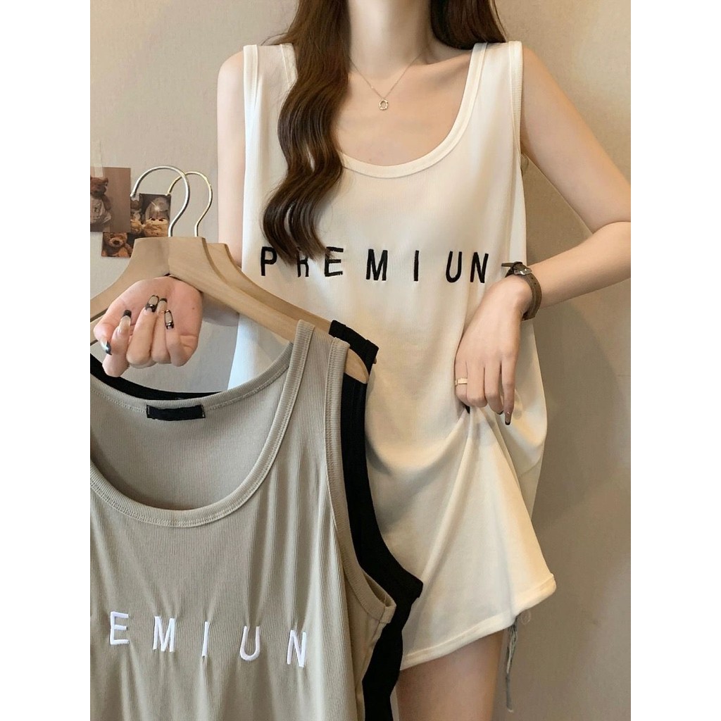 เสื้อกล้ามปักลายสำหรับผู้หญิงไซส์ใหญ่ แบบสายเดี่ยวยาวทรงหลวม สไตล์ฤดูร้อน