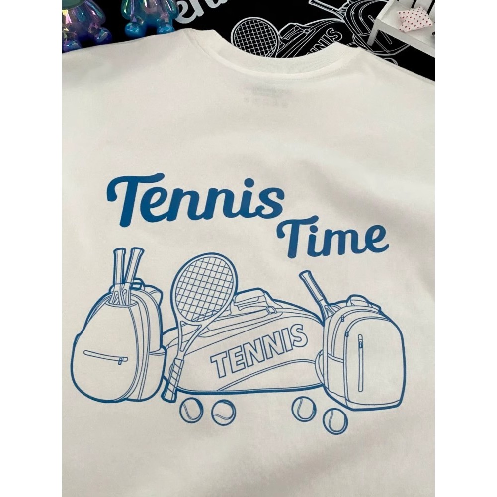 เสื้อยืดผ้าฝ้ายแท้แขนสั้นสำหรับเทนนิส แบบหลวม สไตล์ฤดูร้อน พร้อมกระเป๋าเป้สะพายหลัง