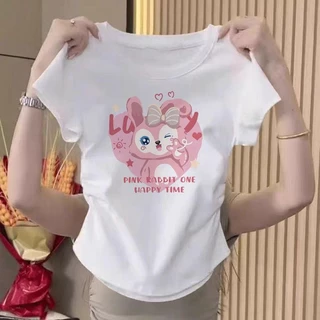 เสื้อรัดรูปเสื้อครอปฤดูร้อนอเนกประสงค์บางบาง คอกลม ทรงสลิมฟิต แสดงผอม เสื้อยืดครอป เสื้อพิมพ์ลาย ลวดลายการ์ตูน เสื้อรัด