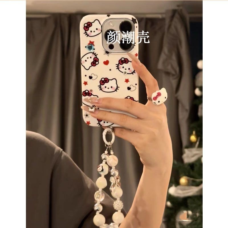 Ins สไตล์ Hello Kitty พร้อมสร้อยข้อมือ iPhone14 เคสโทรศัพท์ Apple 11/12/13 รวมทุกอย่างกันกระแทกการ์ต