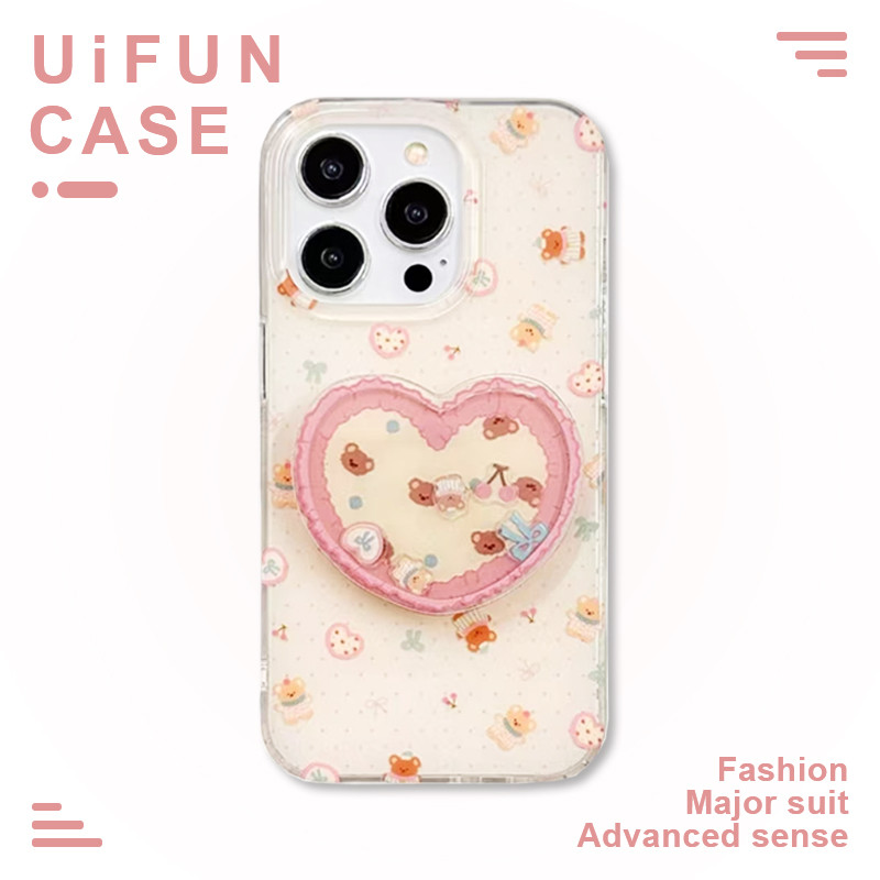 พรีเมี่ยมหมี Bowknot Slider Love Heart Bracket Wave point โทรศัพท์มือถือกรณีสําหรับ iPhone 16 15 14 13 Pro Max 16Promax กันกระแทก IMD ฝาครอบปลอก