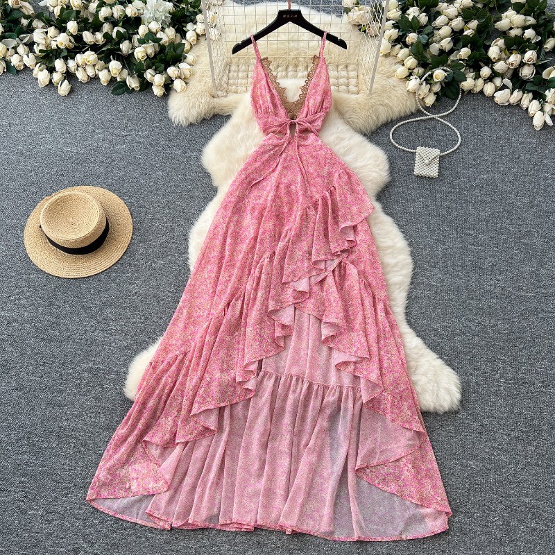 Wome Vintage Elegant Beach Party สไตล์ชุดฤดูร้อนใหม่เซ็กซี่ Hollow Out V คอลูกไม้ Suspender เอวสูง Slim A-line ดอกไม้ชุดชีฟองสําหรับผู้หญิง