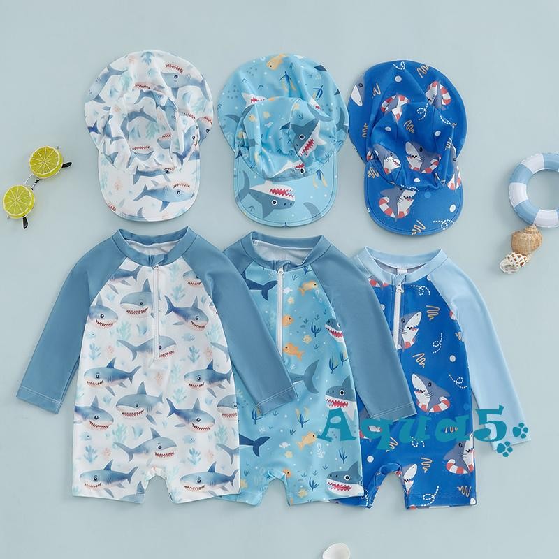 Aqq-toddler Boy ชุดว่ายน้ําแขนยาว Shark พิมพ์ชุดว่ายน้ําครึ่งซิป Sunhat Set