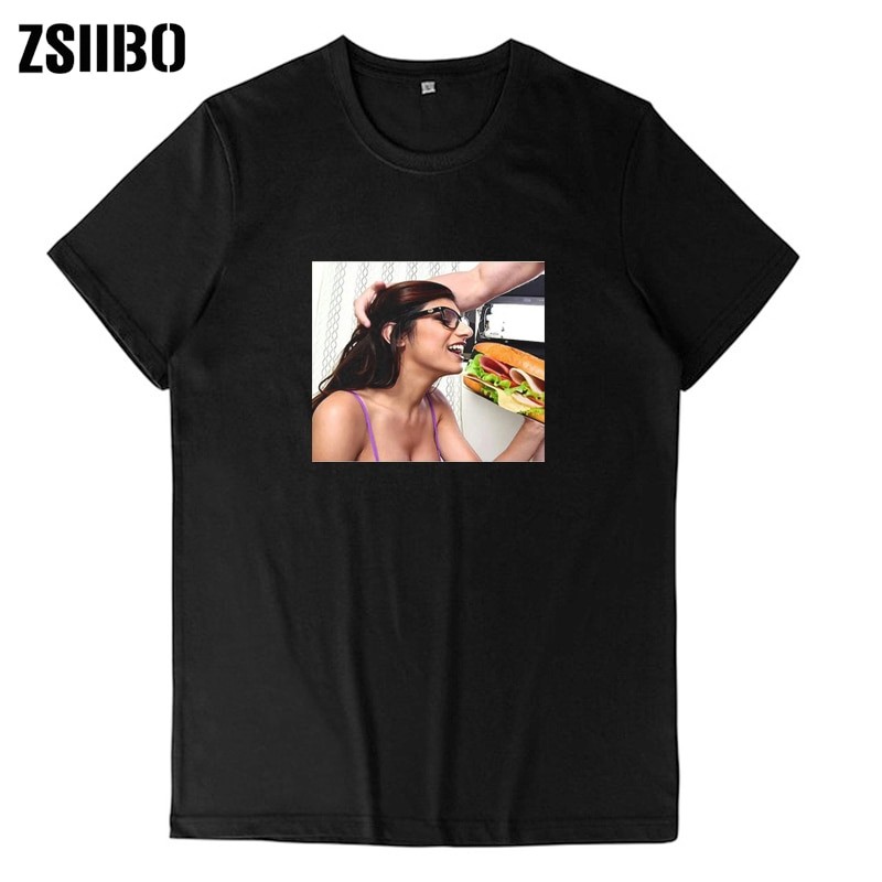 เสื้อยืดย้อนยุค, เสื้อยืดแขนสั้น, Mia Khalifa Print, Unisex ใส่สบายคอกลมไม่จม