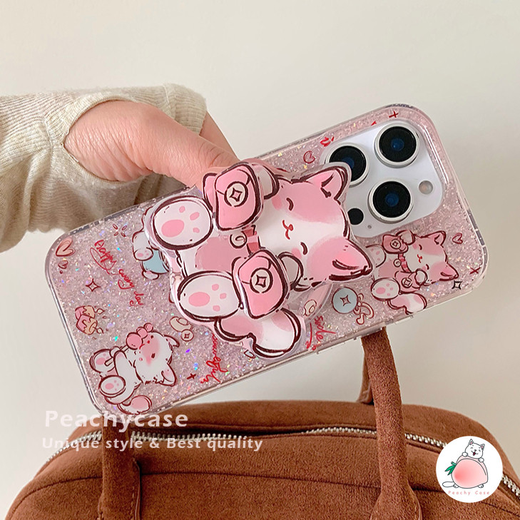 น่ารักหมุนได้สีแดง Rnvelope Cat Holder Stand Glitter เคสโทรศัพท์สําหรับ iPhone 16 15 14 13 Pro Max 16promax IMD กันกระแทกไร้สายชาร์จปกหลัง Shell